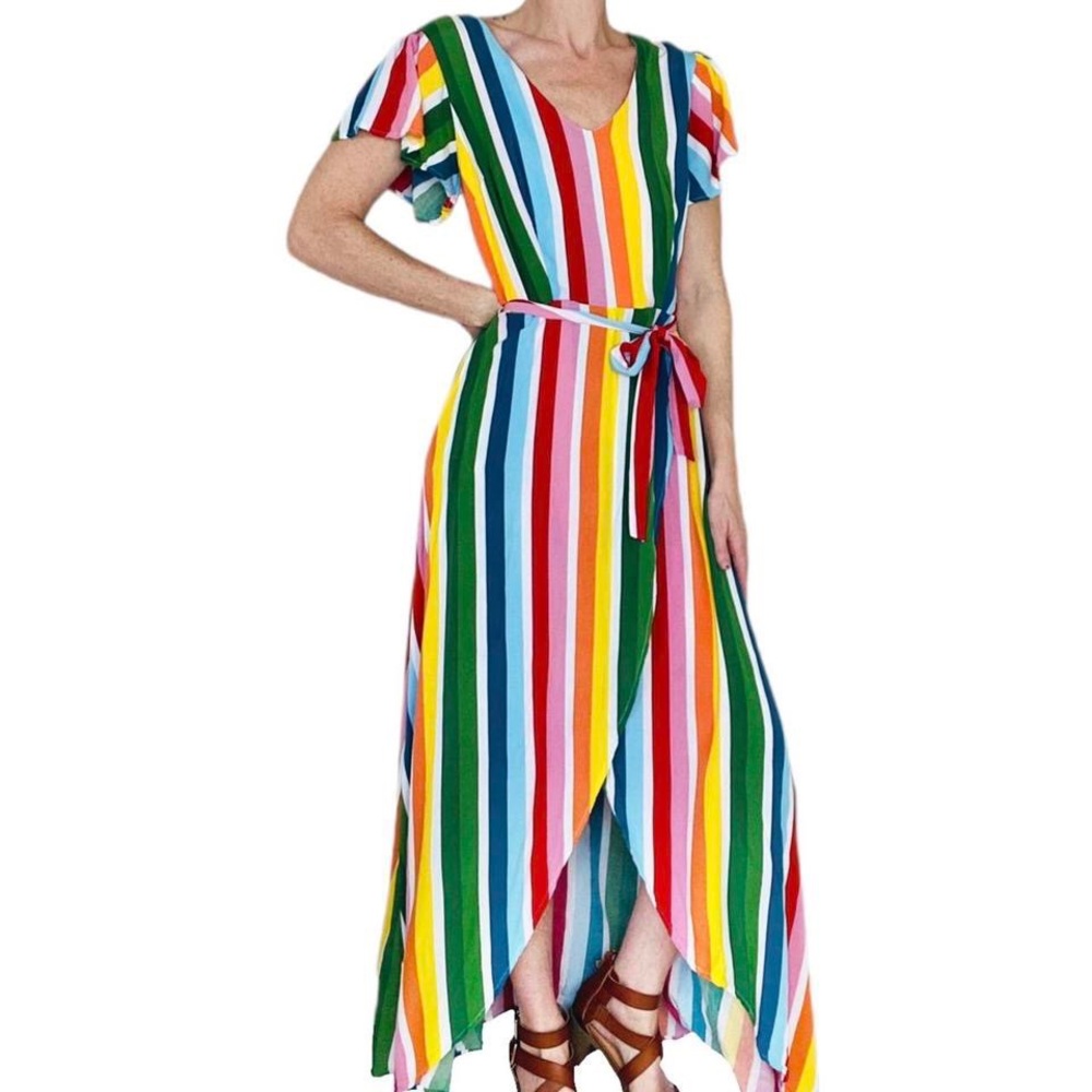 ModCloth X Collectif Rainbow Stripe Maxi High-Low Short Sleeve Dress